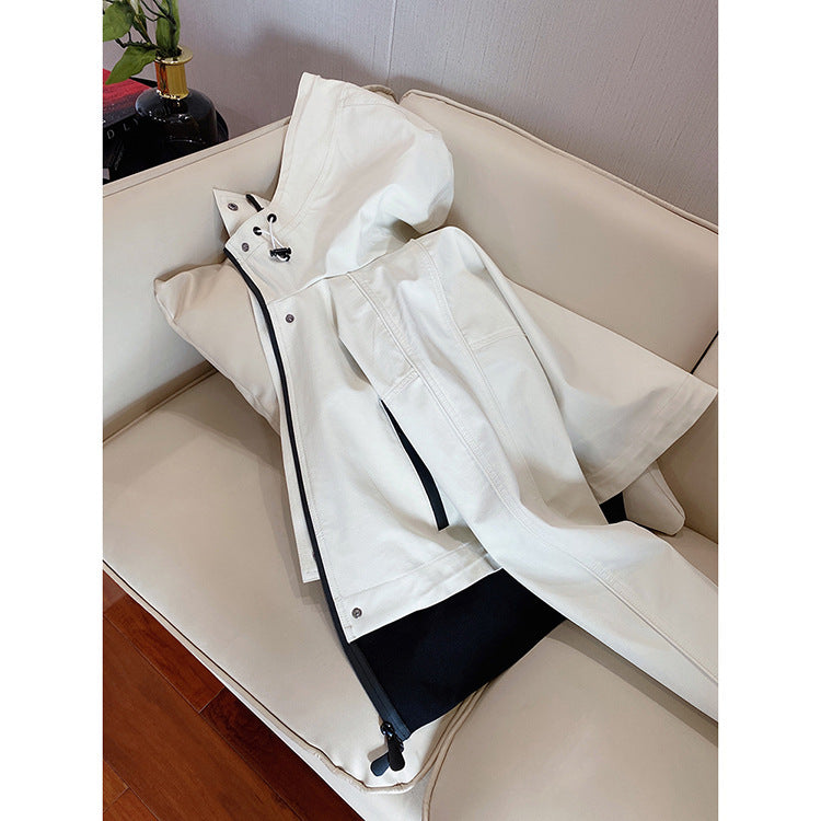 Women Short Hooded Jacket with Mesh Lining, Concealed Zip and Contrast Details