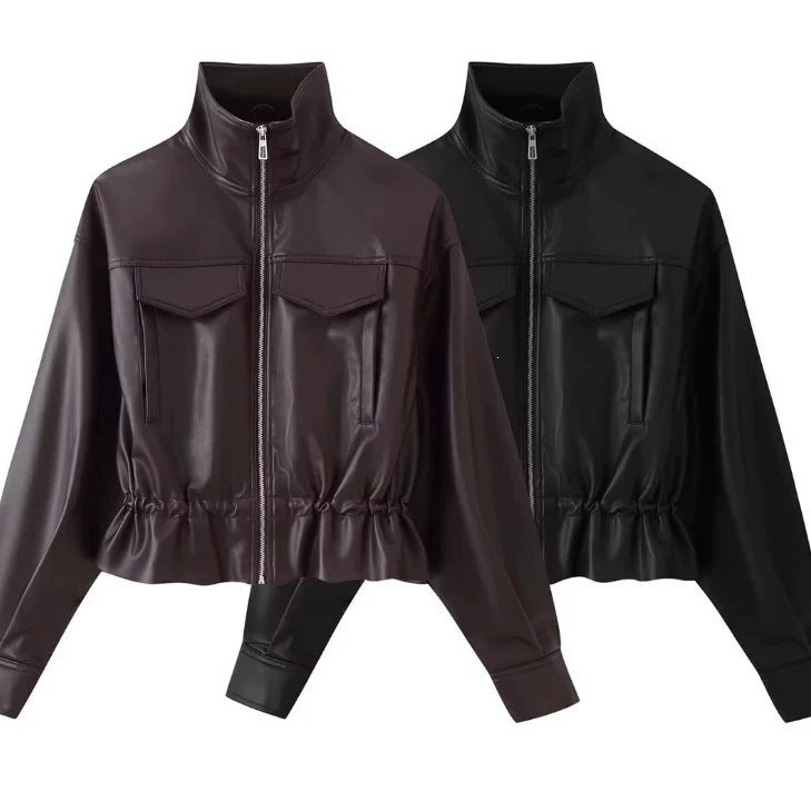 Women cropped faux leather jacket with stand collar, zip and tailored smocking