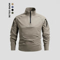 Men's tactical half-zip outdoor pullover with high standing collar, concealed zip, and arm pockets