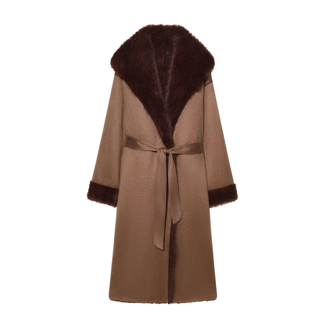 Women longer coat with faux fur trim and tie belt