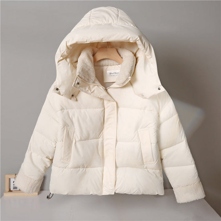 Womens non-padded short jacket in boxy cut with sherpa collar and adjustable drawstring hem