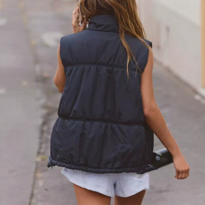 Women’s Padded Sleeveless Vest with Stand-Up Collar and Drawstring