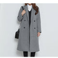 Women Long Cut Wool Blend Coat in Minimalist Double-Breasted with Deep Lapel