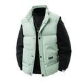 Men's thermo quilted gilet with high collar trim, snap button front & mounted utility pockets