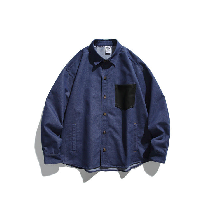 Unisex Oversize shirt jacket made of durable cotton blend with contrasting faux leather chest pocket