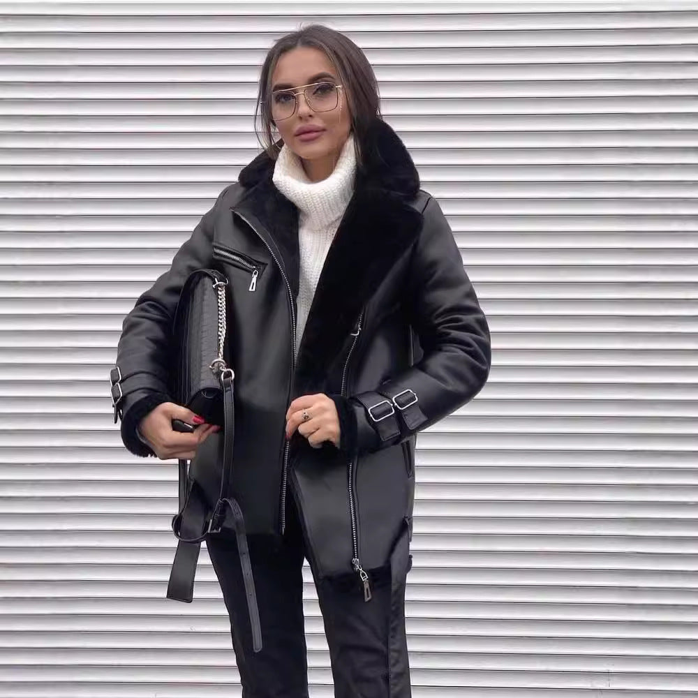 Women Oversized Faux Leather Pilot Jacket with Teddy Fur Lining and Buckles