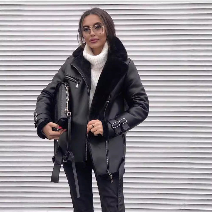 Women Oversized Faux Leather Pilot Jacket with Teddy Fur Lining and Buckles