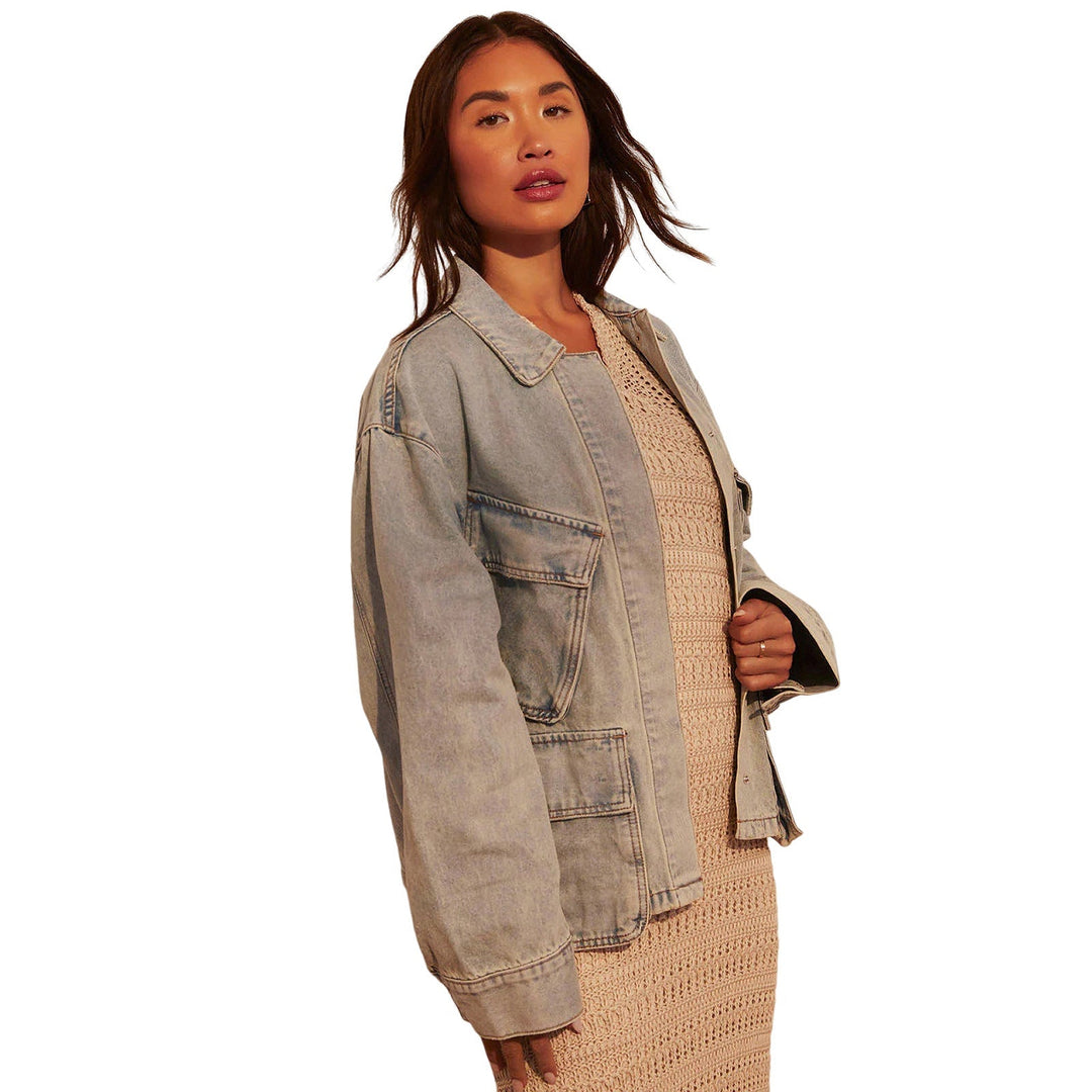 Women Oversize Utility Denim Jacket with Large Flap Pockets and Button-Down Front