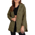 Women's quilted hooded jacket with snap button placket, side slits, and medium length