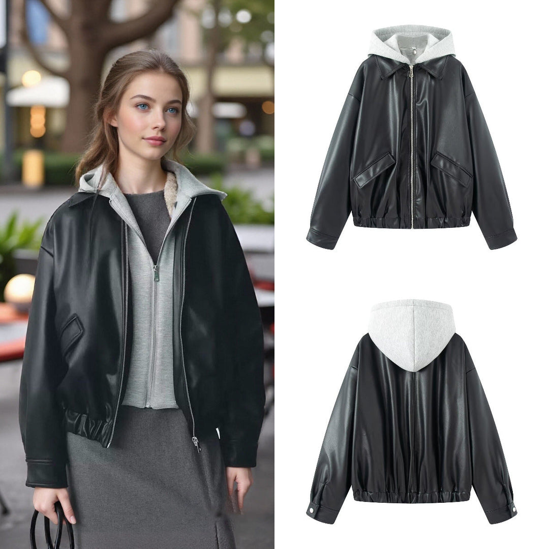 Women Oversize Faux Leather Blouson with Hood Insert and Flap Pockets