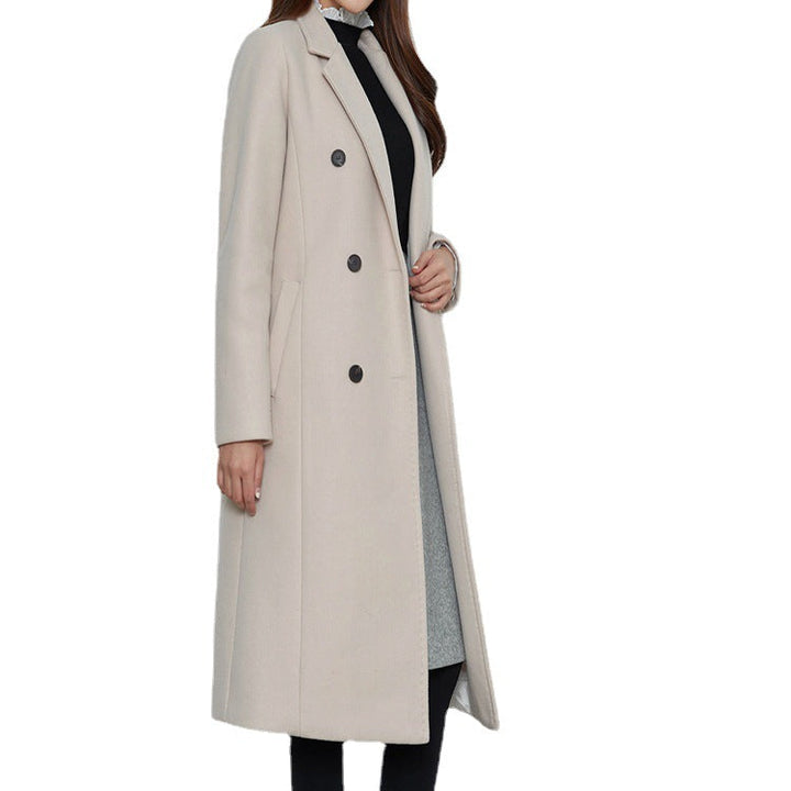 Women Long Cut Wool Blend Coat in Minimalist Double-Breasted with Deep Lapel