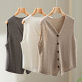 Women's soft fine knit vest with V-neck and continuous button placket