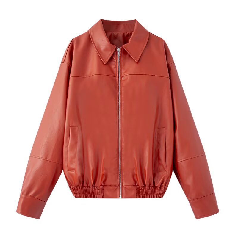 Women Boxy Faux Leather Blouson Jacket with Shirt Collar, Zip and Elastic Hem