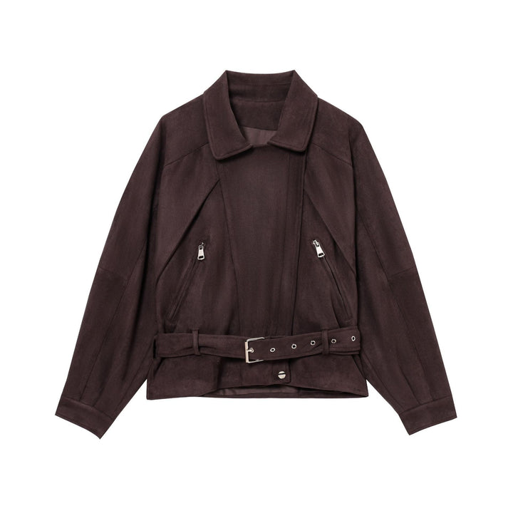 Women Short Suede Look Trench Coat with Waist Belt and Zip Details
