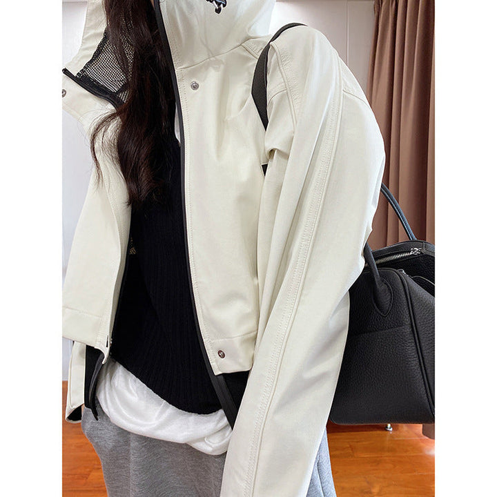 Women Short Hooded Jacket with Mesh Lining, Concealed Zip and Contrast Details