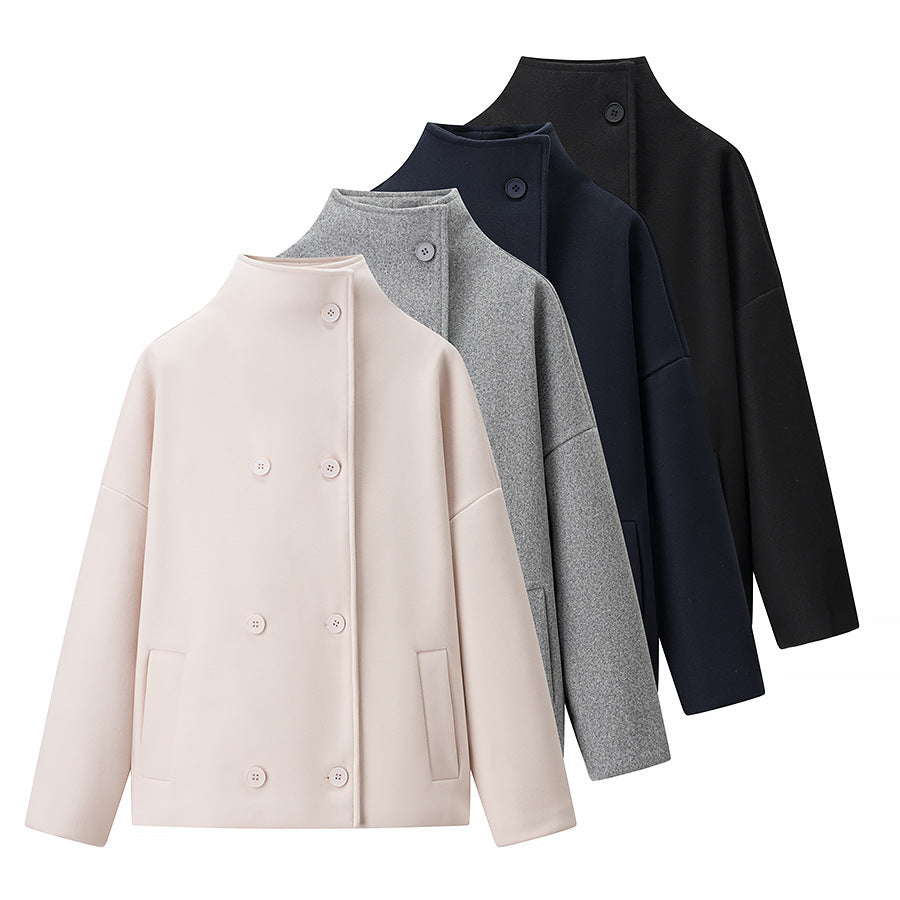 Ladies short double-breasted oversized boxy jacket with stand-up collar and side pockets