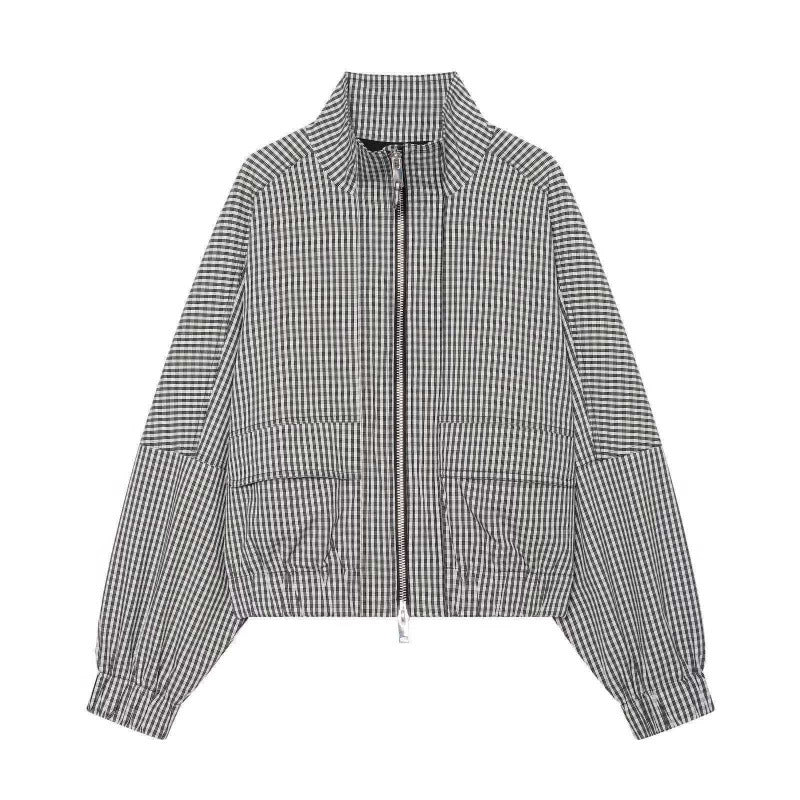 Women Cropped Boxy Jacket in Vichy Check with Stand Collar and Two-Way Zip