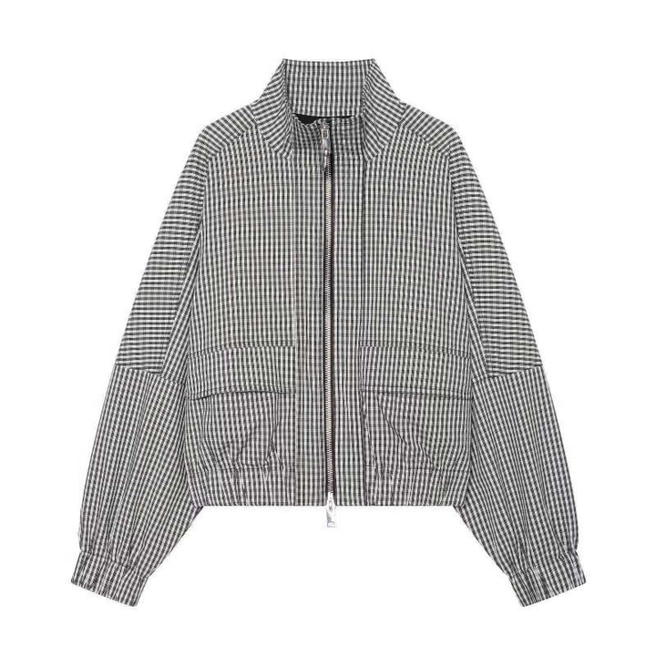 Women Cropped Boxy Jacket in Vichy Check with Stand Collar and Two-Way Zip