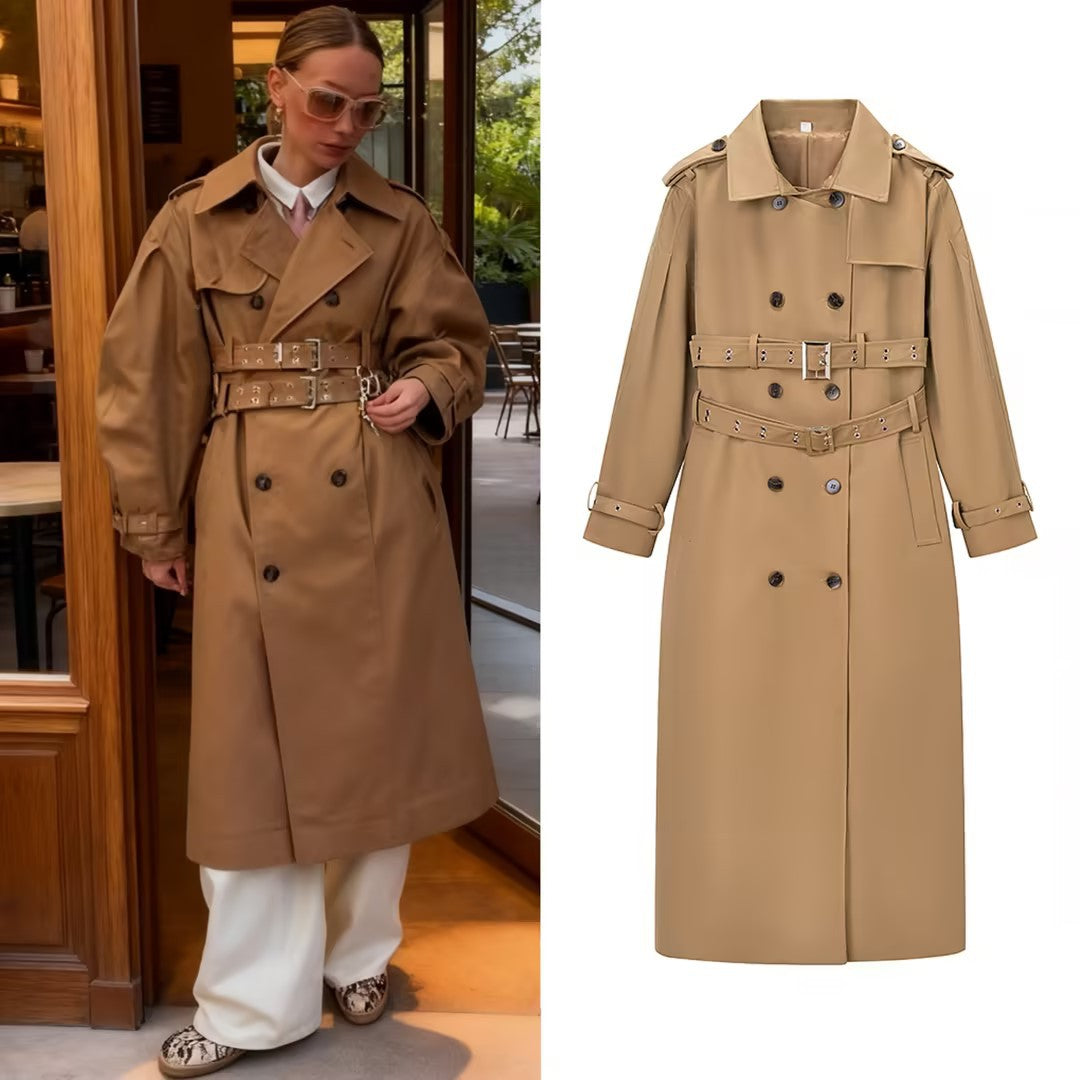 Women Longer tailored trench coat with double waist belt and epaulettes