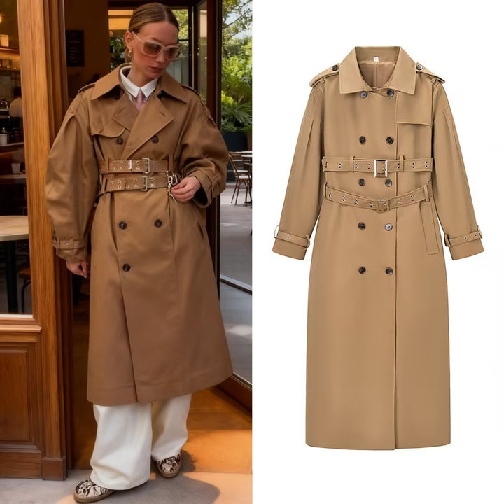 Women Longer tailored trench coat with double waist belt and epaulettes