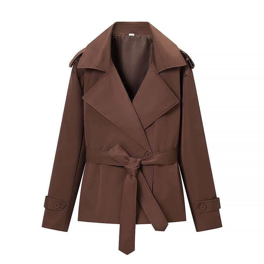 Women Tailored Short Trench Coat with Tie Belt and Epaulettes