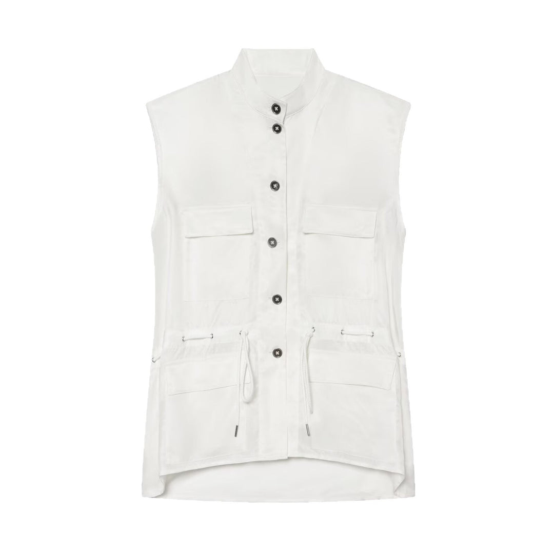 Women’s Utility Vest with Drawstring, Flap Pockets and Stand Collar