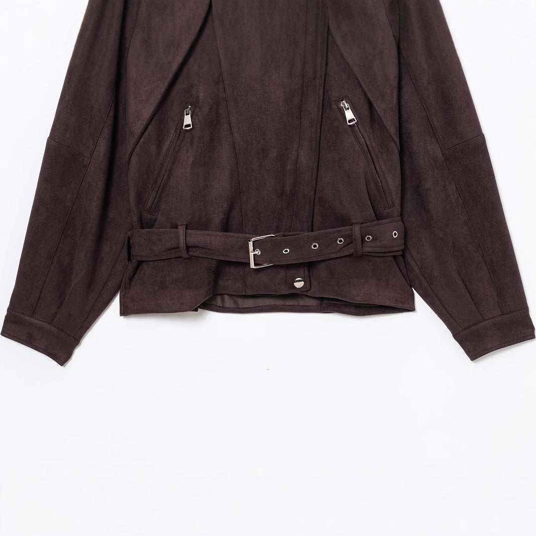 Women Short Suede Look Trench Coat with Waist Belt and Zip Details