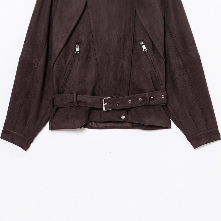 Women Short Suede Look Trench Coat with Waist Belt and Zip Details