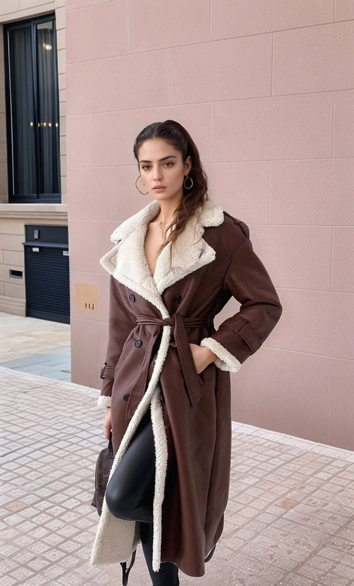 Women Long Trench Coat with Teddy Lining and Tailored Silhouette