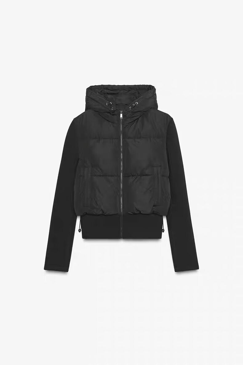 Women short-cut hybrid quilted jacket with hood, waist drawstring and elastic sleeves