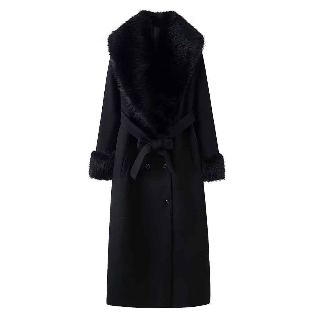 Women Elegant Wool Coat with Large Faux Fur Collar and Tie Belt