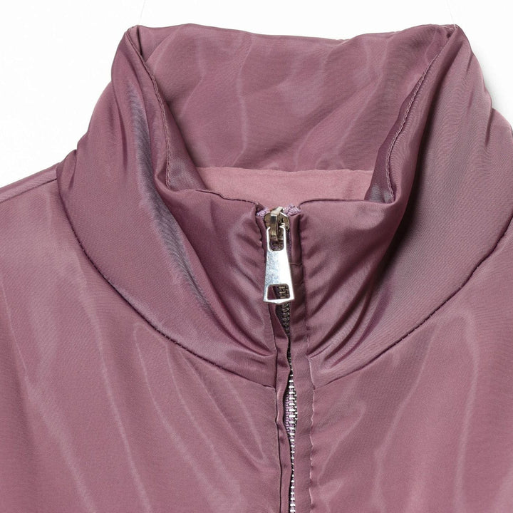 Women Cropped Padded Satin Jacket with High Stand Collar and Waist Smocking