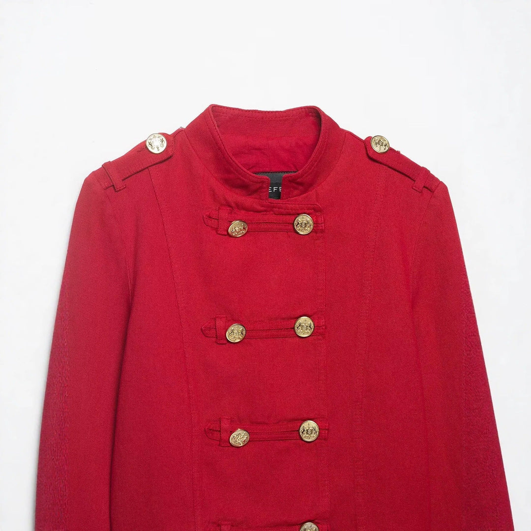 Women Cropped Military Jacket in Sailor Style with Golden Decorative Straps and Stand-Up Collar