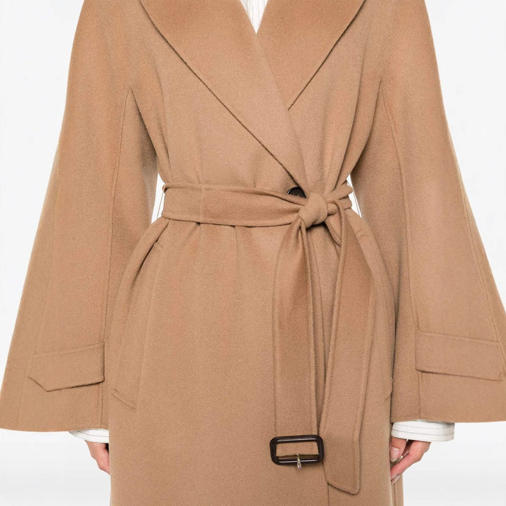 Women’s wrap coat made of wool blend with waist belt and oversized shoulder