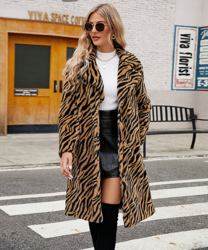 Women Elegant Faux Fur Coat In Zebra Design