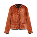Women's velvet blazer-style jacket with stand-up collar and covered buttons
