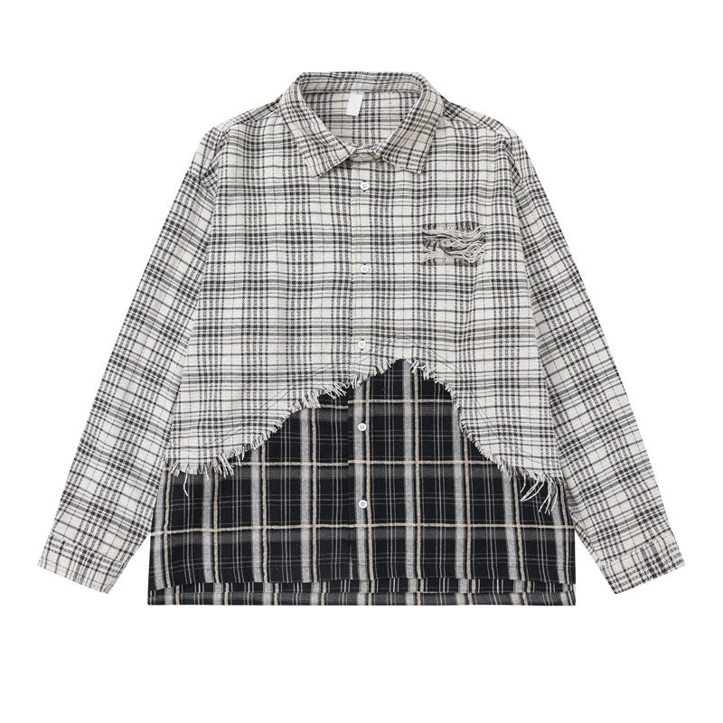 Unisex Oversized Shirt Jacket with Layered Look, Frayed Hem and Check Mix