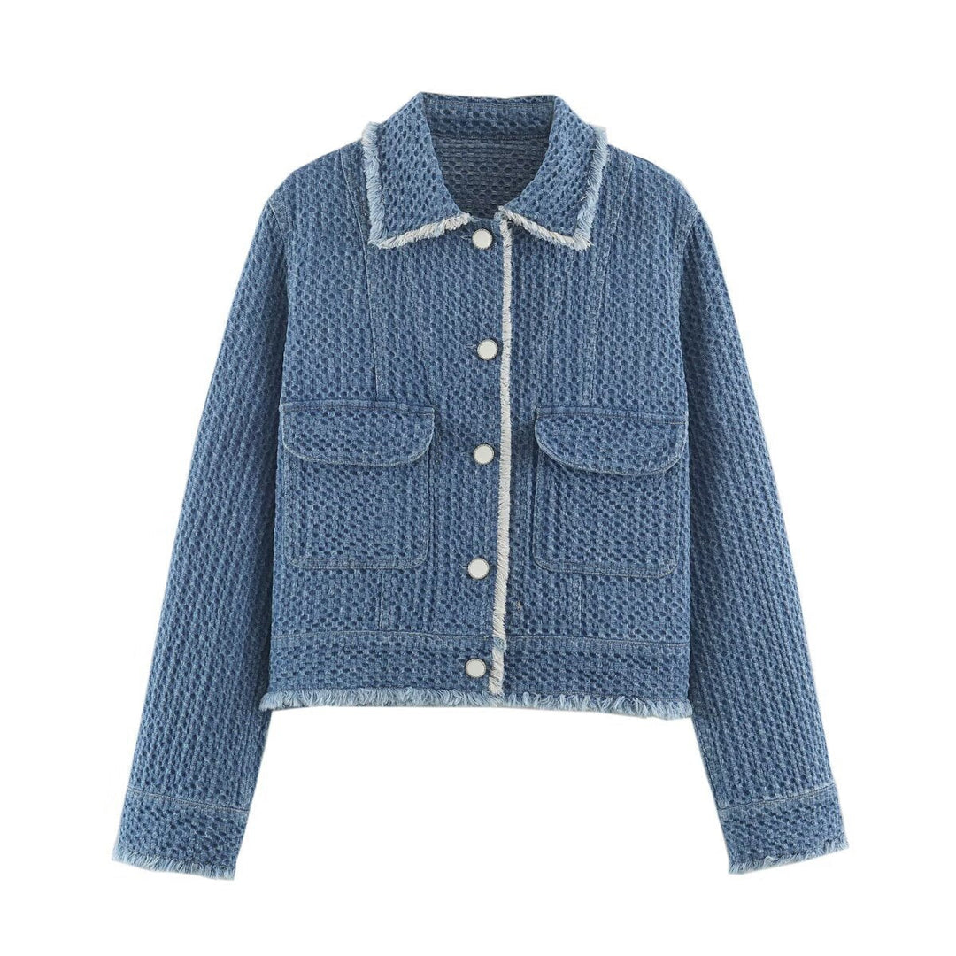 Ladies Cropped Boxy Denim Jacket with Waffle Texture, Patch Pockets and Fringe Trim