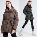 Women's short padded jacket with high stand-up collar, waist belt and side pockets