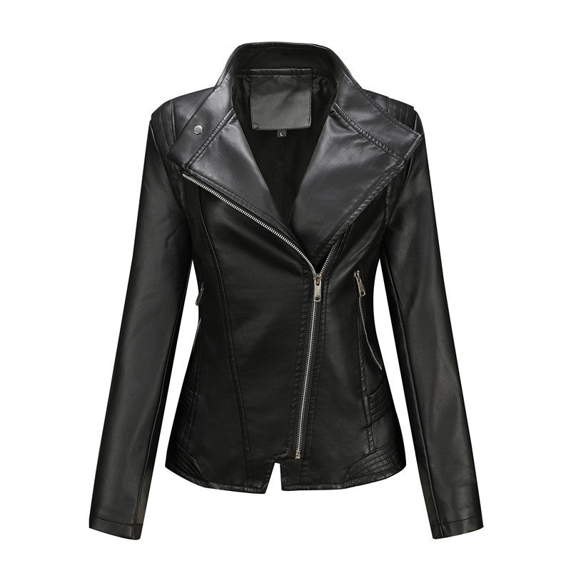 Women fitted biker jacket made of faux leather with asymmetrical zip and fitted cut