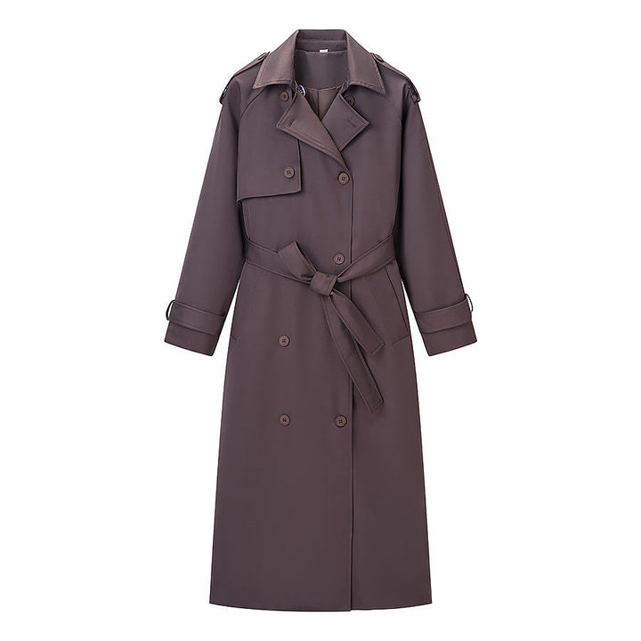 Women Longer tailored trench coat with tie belt and double-breasted button placket