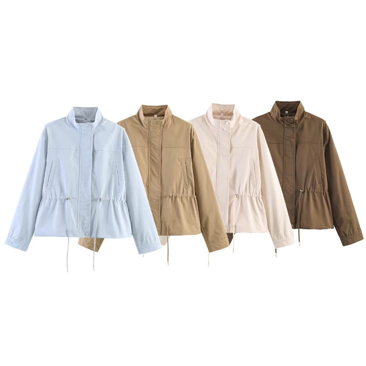 Women Tailored Short Parka with Drawstring, Standing Collar and Concealed Snap Button Placket
