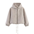 Women's Cropped Puffer Jacket with Hood, Drawstring and Check Pattern