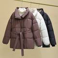 Women nan tailored padded jacket with wide stand-up collar, quilted tie belt and ribbed cuffs