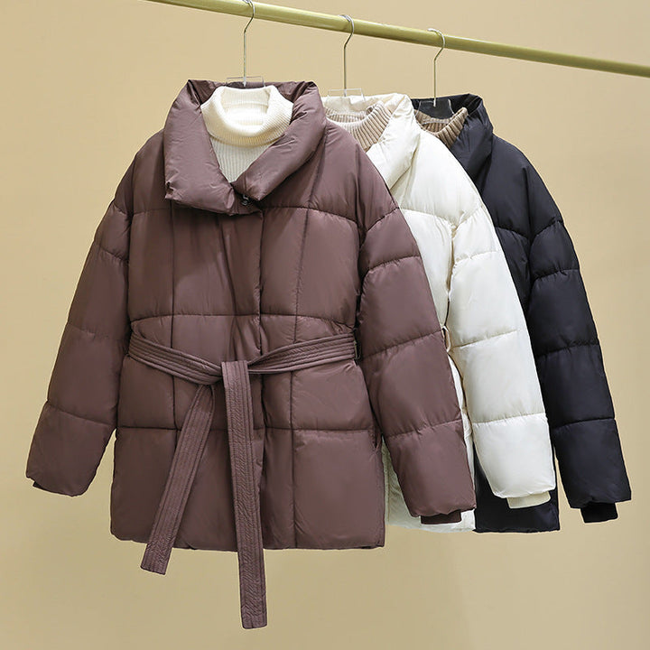Women nan tailored padded jacket with wide stand-up collar, quilted tie belt and ribbed cuffs