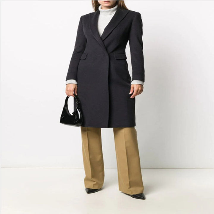 Women Slim Tailored Long Coat with Shawl Collar, fitted seam guidance and concealed button placket