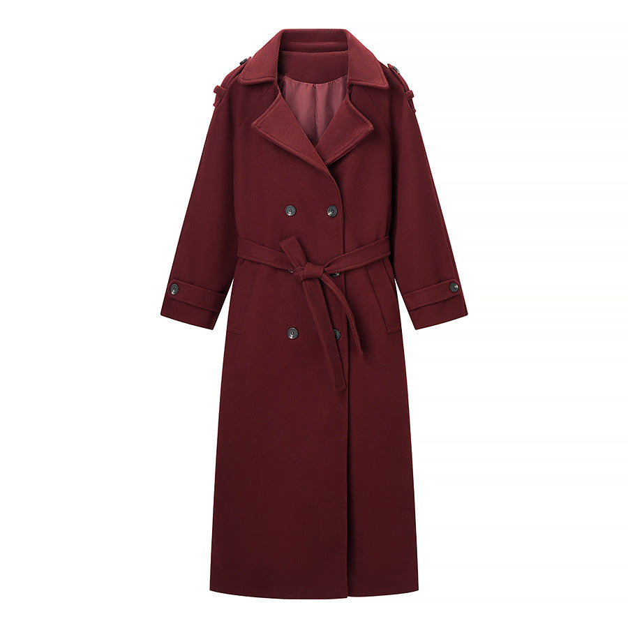 Women Maxilength Wool Blend Trench Coat with Shoulder Yoke, Tie Belt and Roll-Up Sleeves