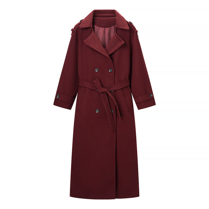 Women Maxilength Wool Blend Trench Coat with Shoulder Yoke, Tie Belt and Roll-Up Sleeves