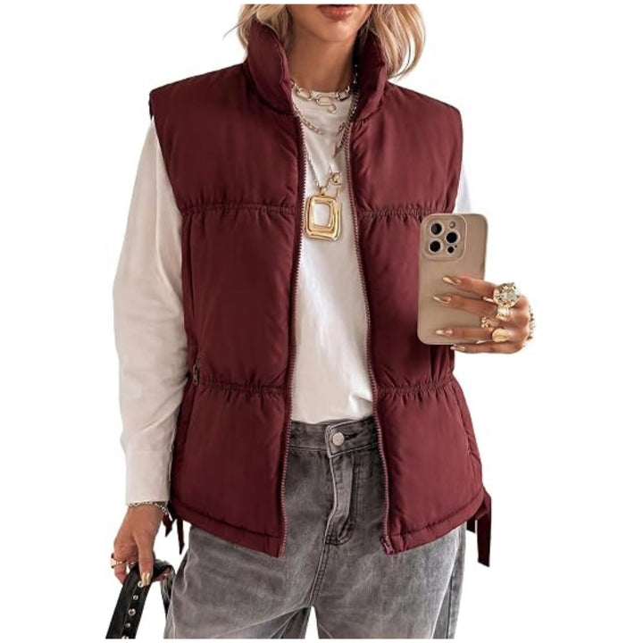 Women’s Padded Sleeveless Vest with Stand-Up Collar and Drawstring