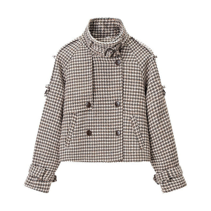 Ladies short jacket in houndstooth with stand-up collar, double-breasted and waist details